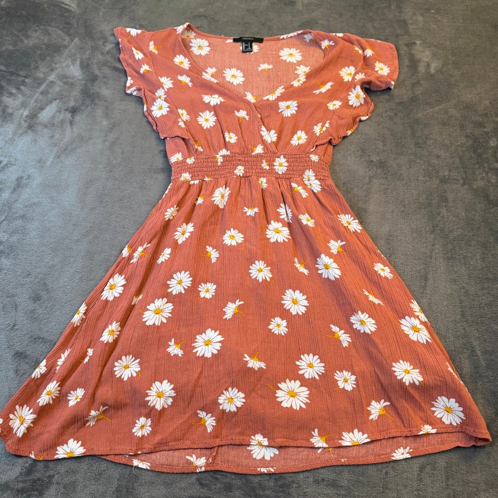 Forever‎ 21 Daisy Floral Mini Dress Womens Small Rust Orange Smocked Waist